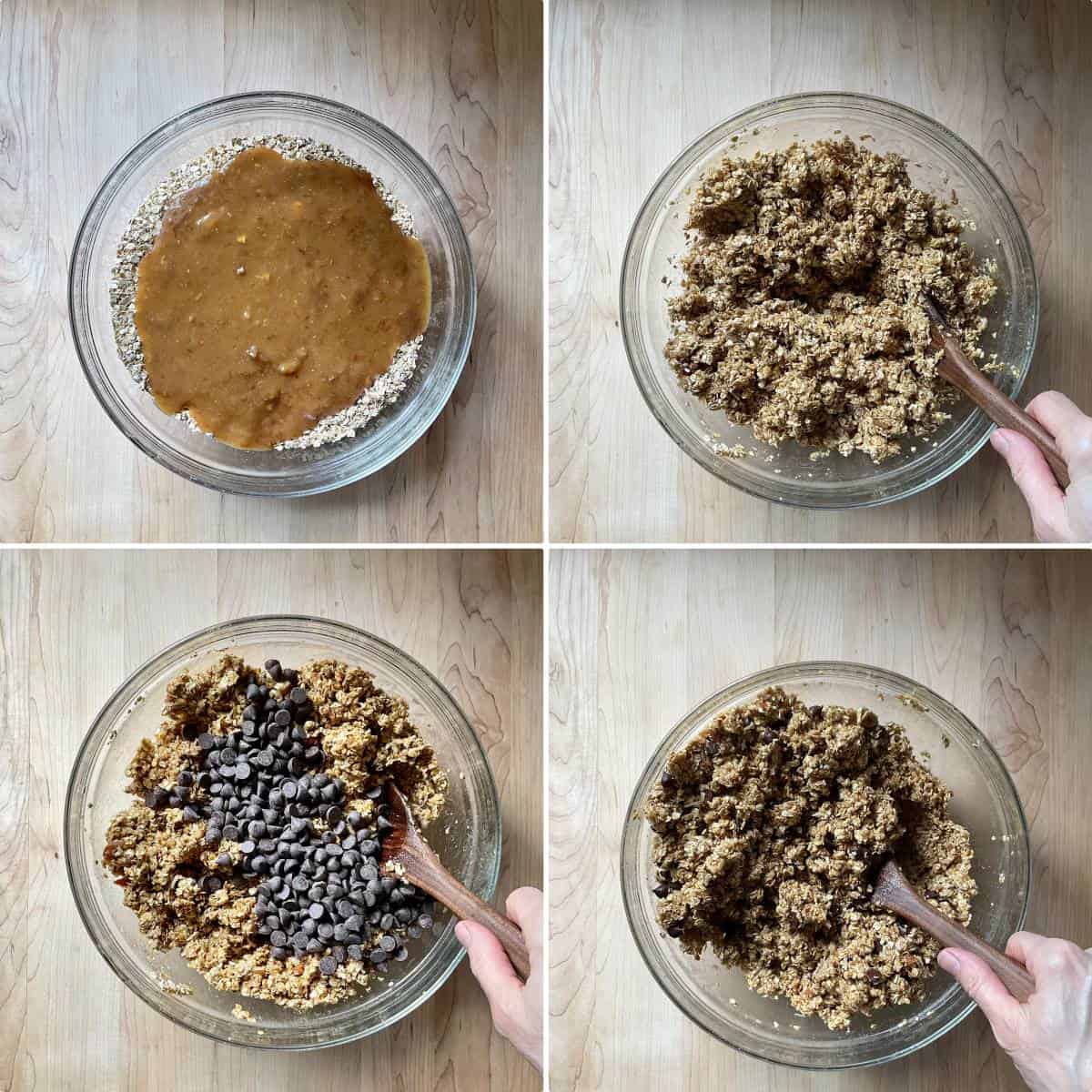 A photo collage of how to combine the ingredients to make homemade granola bars.