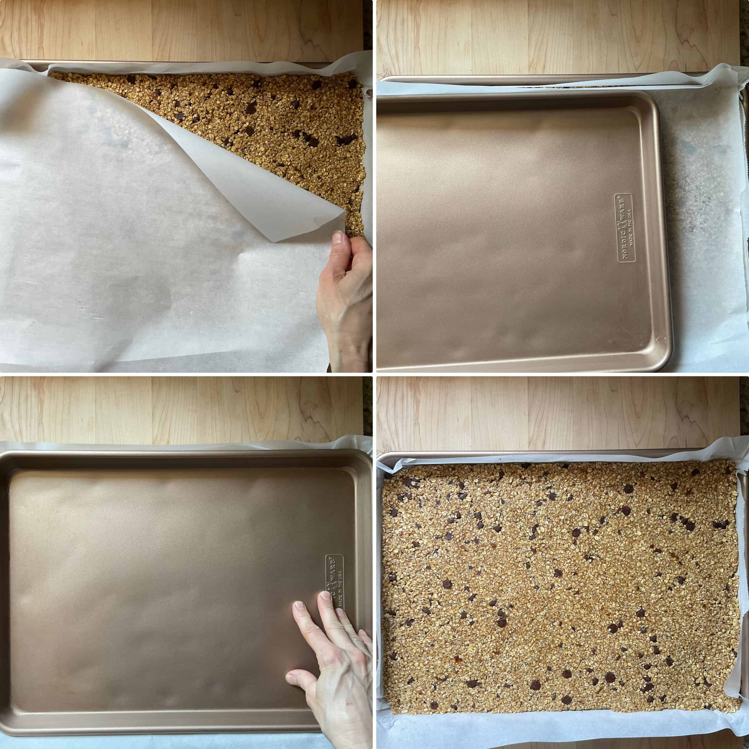A photo collage of how to use a sheet pan to flatten granola bars.