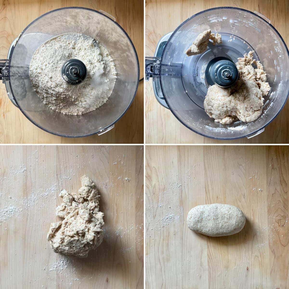 The ingredients to make cavatelli pasta dough are combined using a food processor.