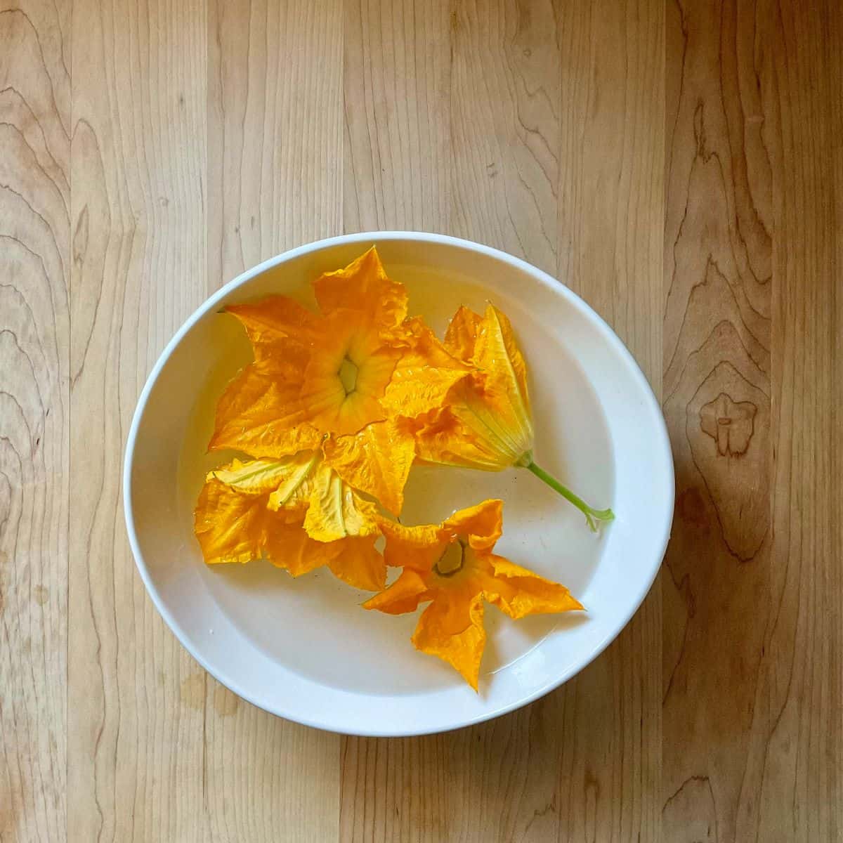 Squash blossoms in a bowl of water.