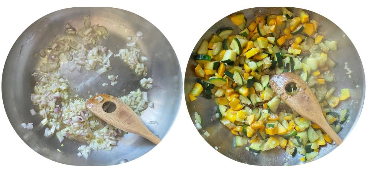 A photo collage of sauteed shallots and zucchini.