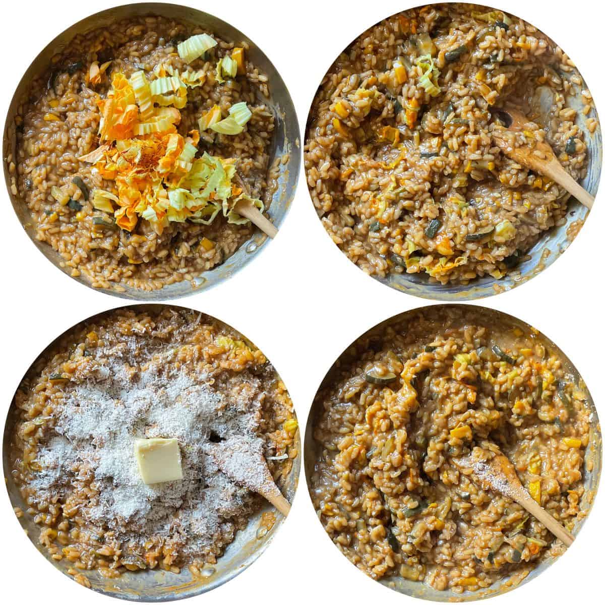A photo collage of the final stages of making a risotto with zucchini.