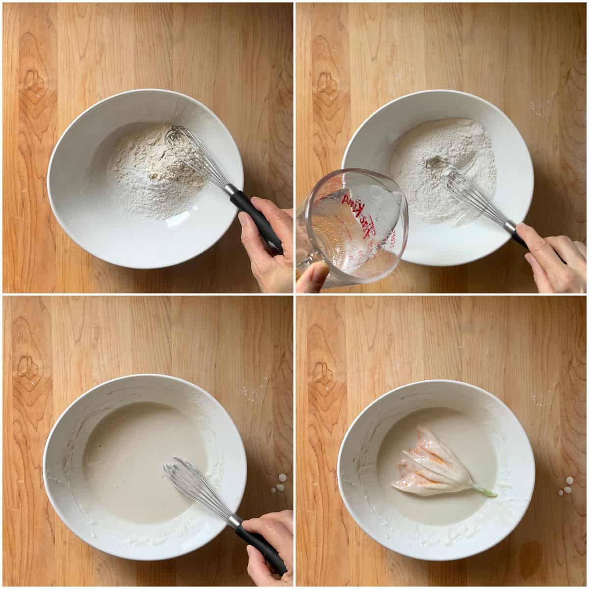 A photo collage of how to make the batter for pan-fried squash blossoms.