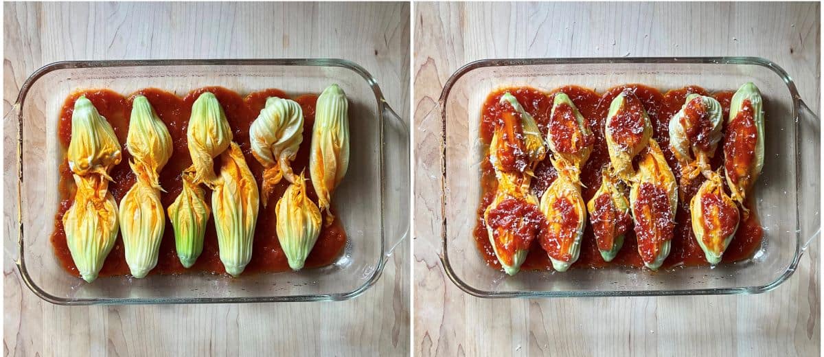 A photo collage of ricotta-stuffed squash blossoms in a baking dish.