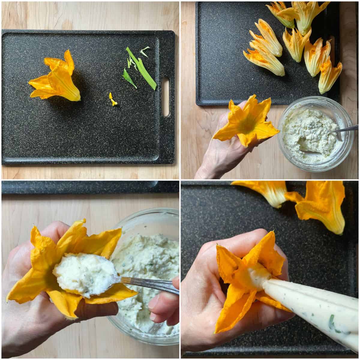 A photo collage of how to stuff zucchini blossoms with ricotta.