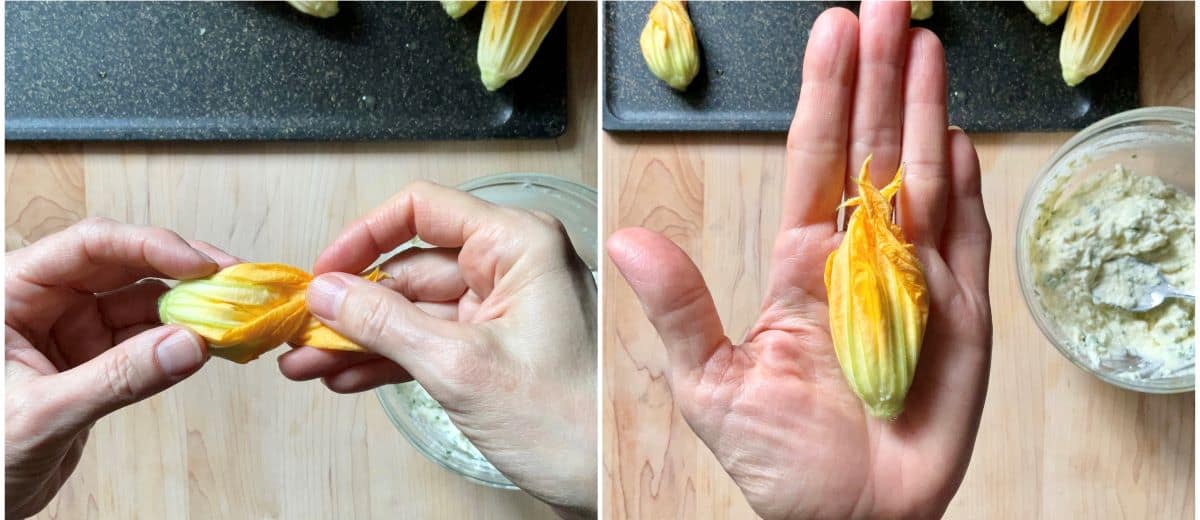 A photo collage of ricotta stuffed zucchini tips being twisted.