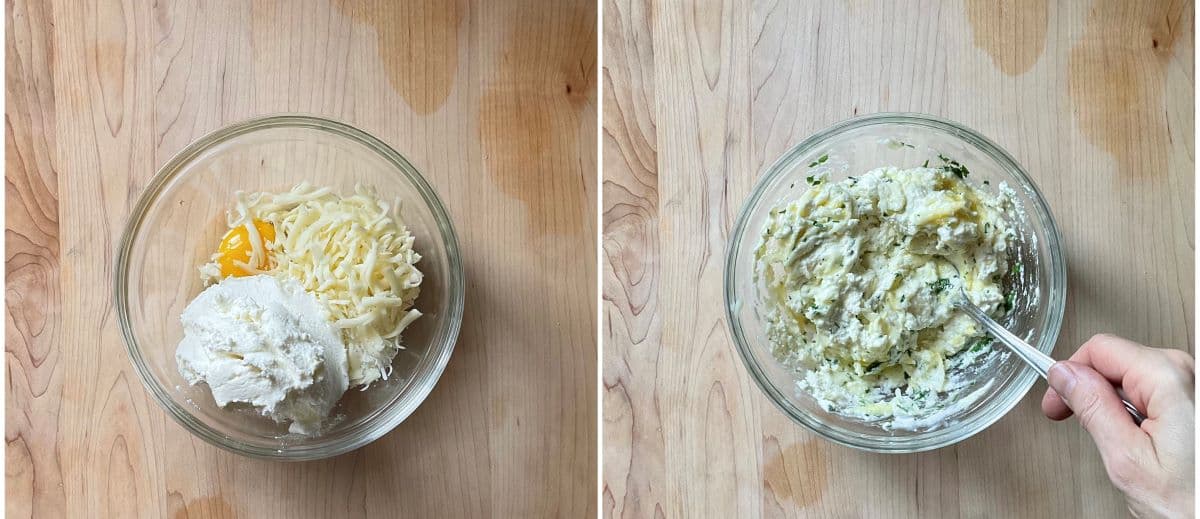 A photo collage of the ricotta mixture in a bowl.