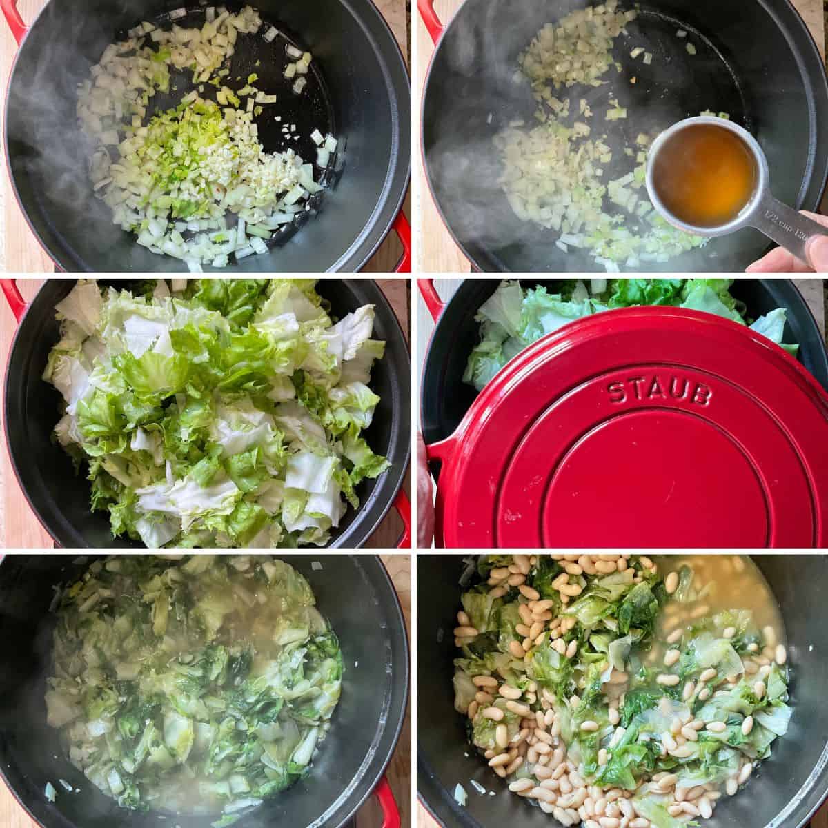 A photo collage of how to make the flavor base for Italian beans and pasta with escarole. 