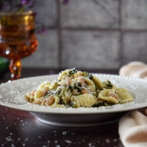 An Italian pasta dish with white beans and escarole on a white plate.