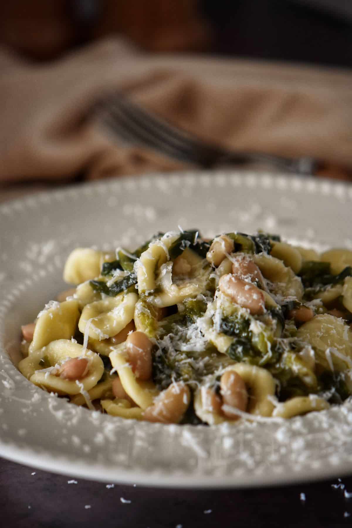 A close up photo of a bean pasta plate.