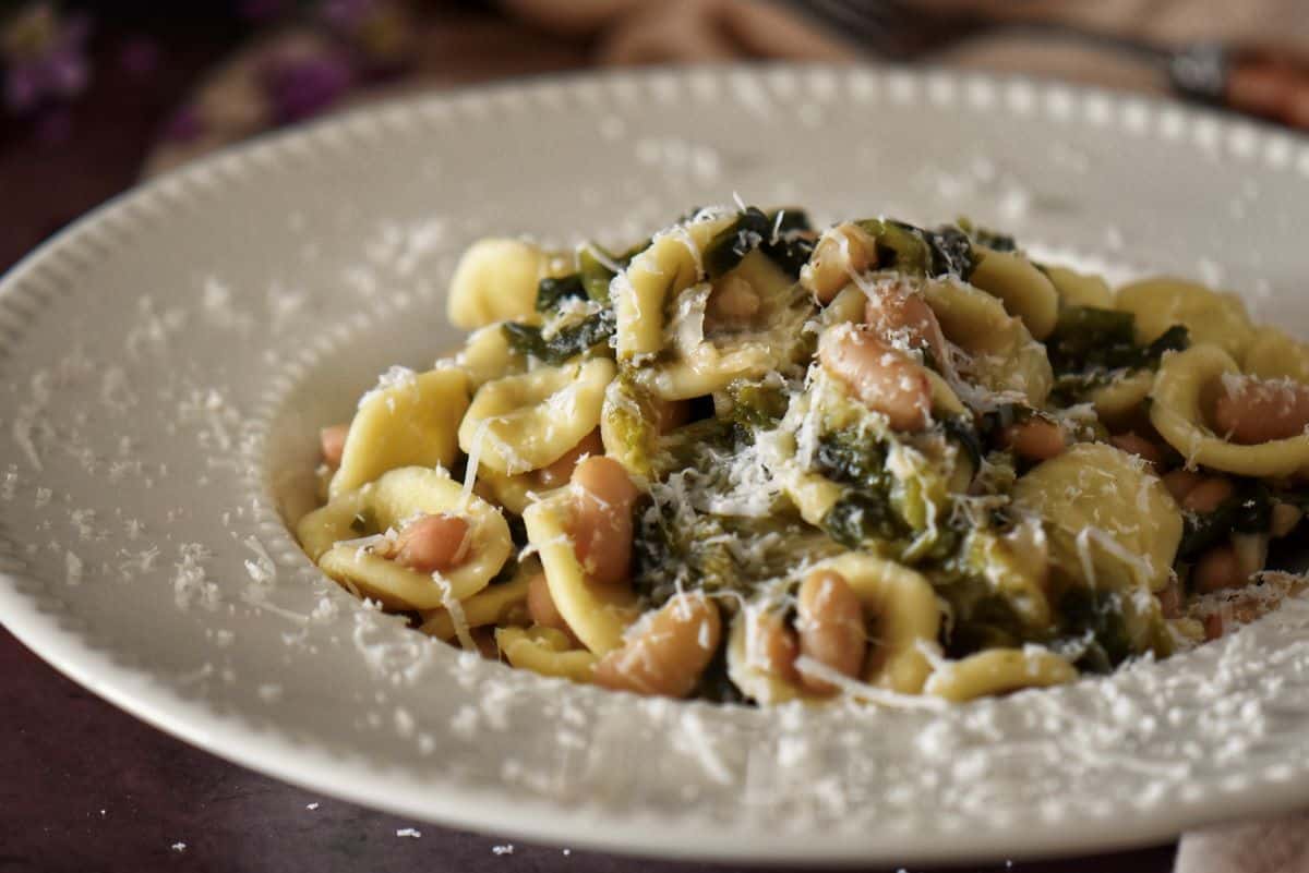 White beans, orecchiette pasta with escarole on a white plate garnished with grated cheese.
