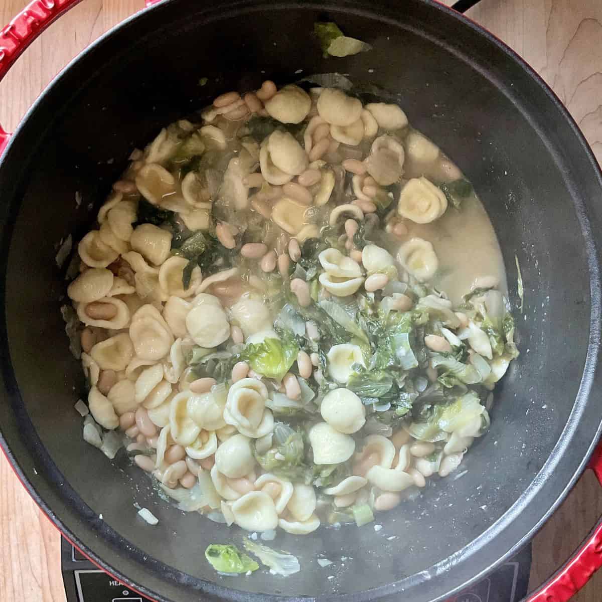 Orecchiette pasta and beans in a pot. 