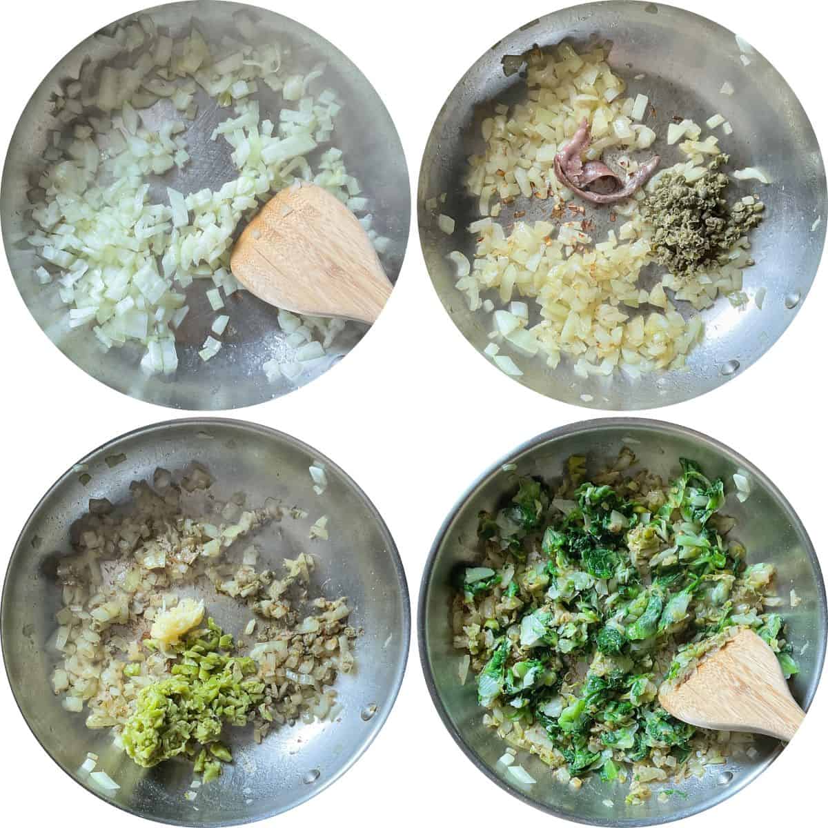 A photo collage of escarole being sauteed with onions, capers, garlic and anchovies.