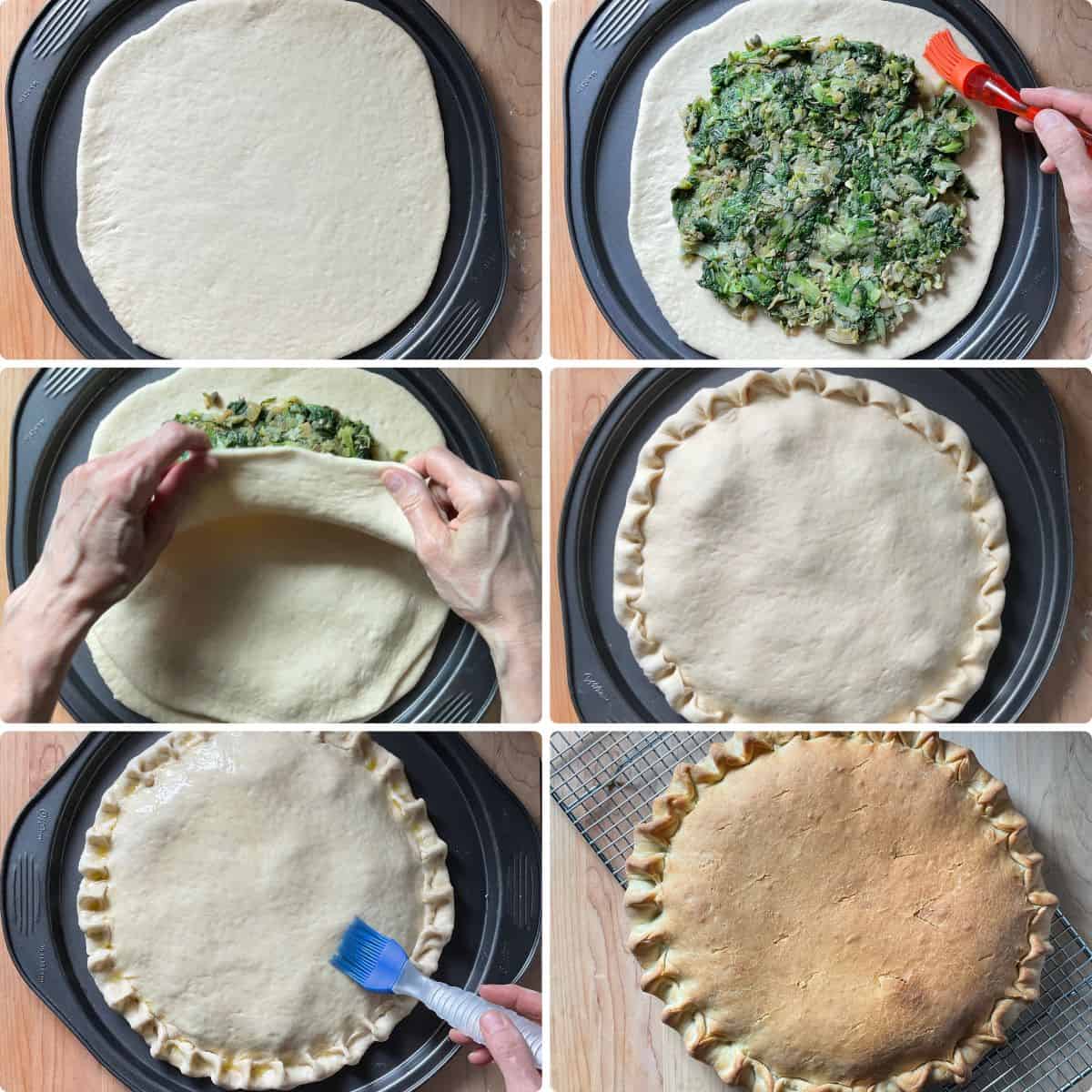 A photo collage of how to enclose the sauteed escarole mixture in the dough.