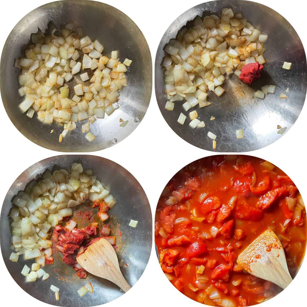 A photo collage of sauteed onions being combined with fresh tomatoes.