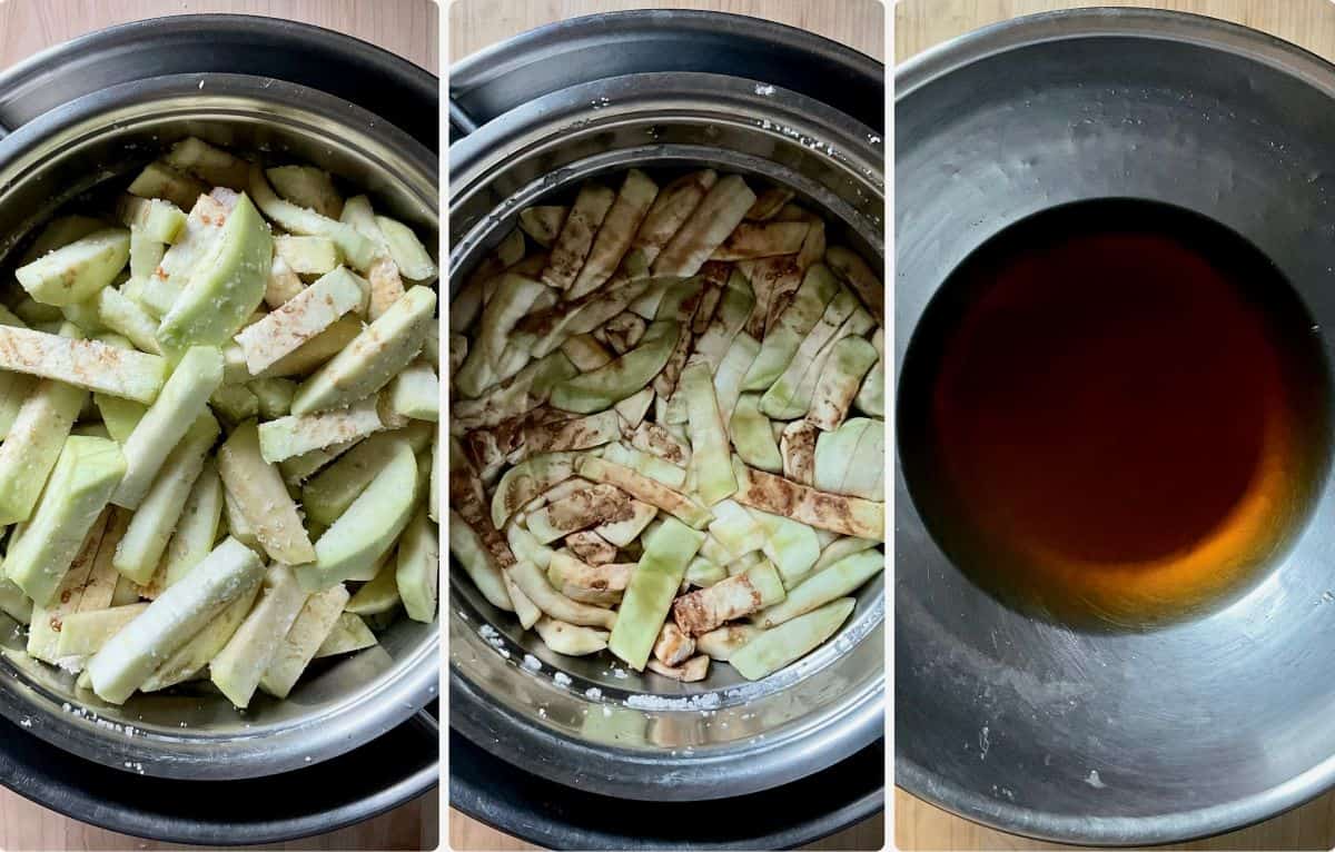 A photo collage of the draining process to make pickled eggplant.