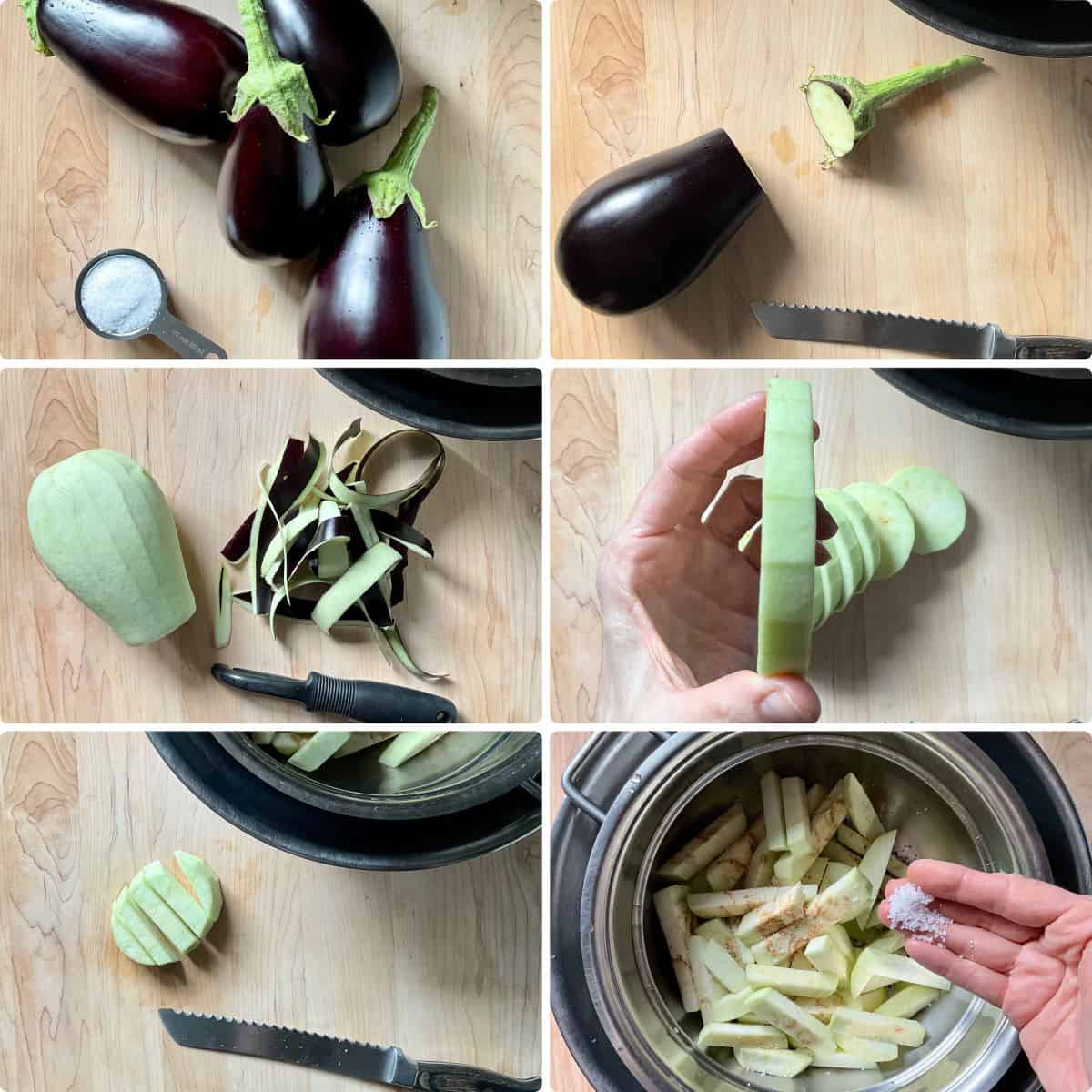 A photo collage of peeling eggplant (aubergines).