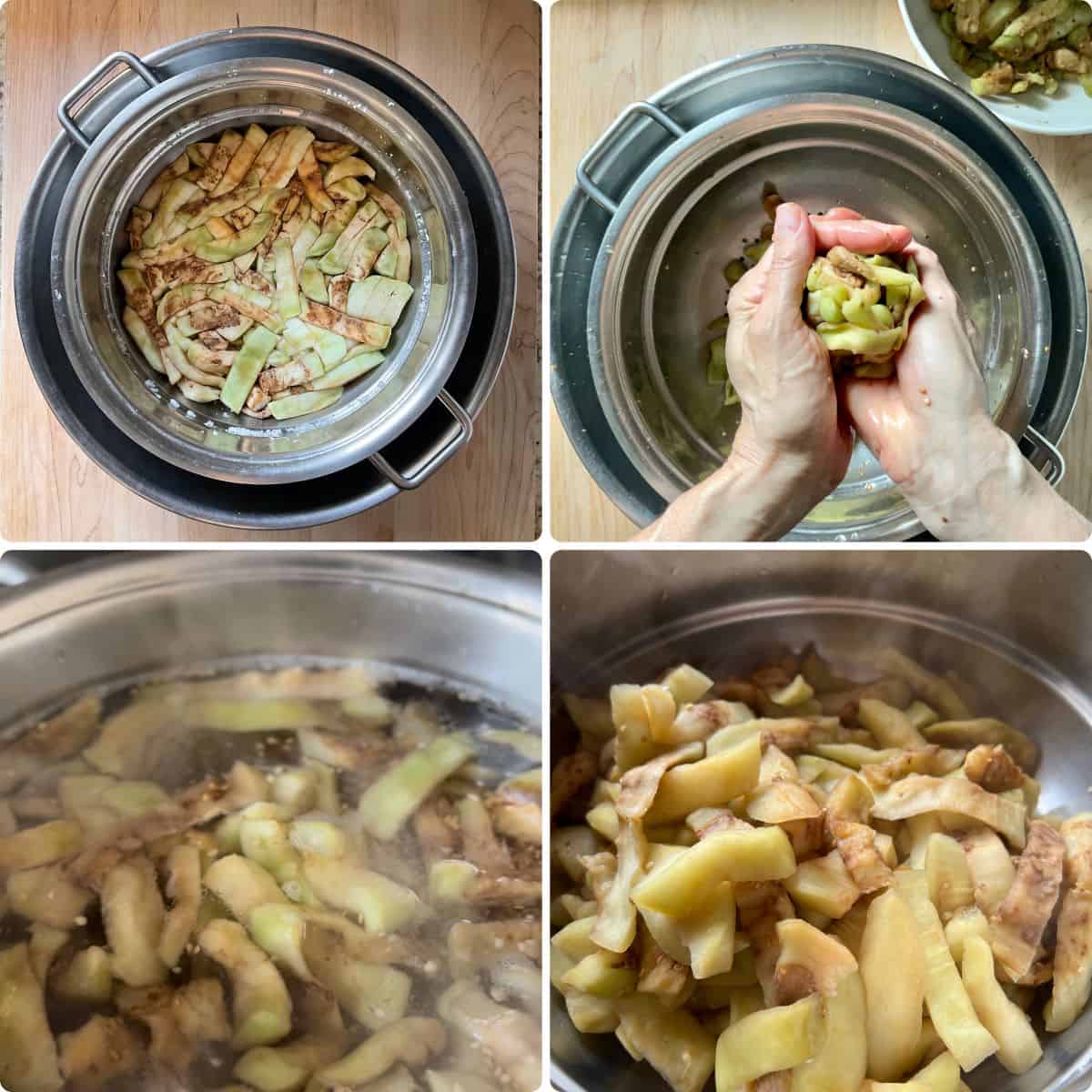 A photo collage of eggplant being blanched.