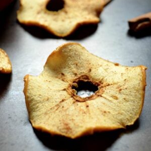 A close up photo of an apple chip.