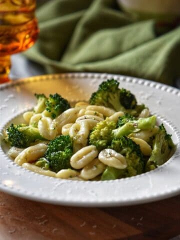 Cavatelli and broccoli on a white plate.