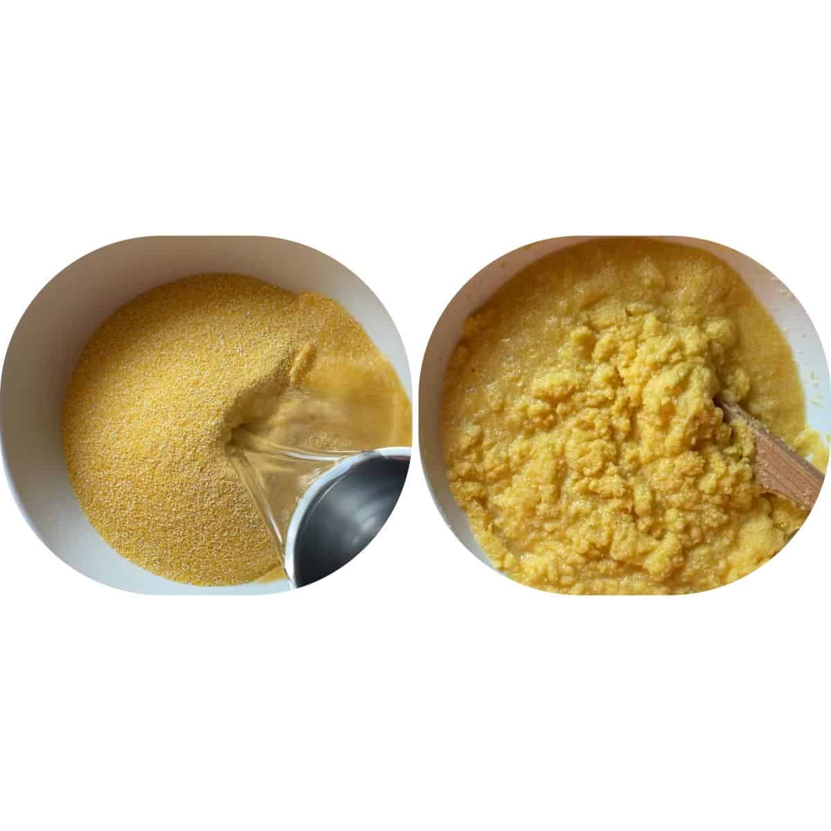 A photo collage of water being added to cornmeal.