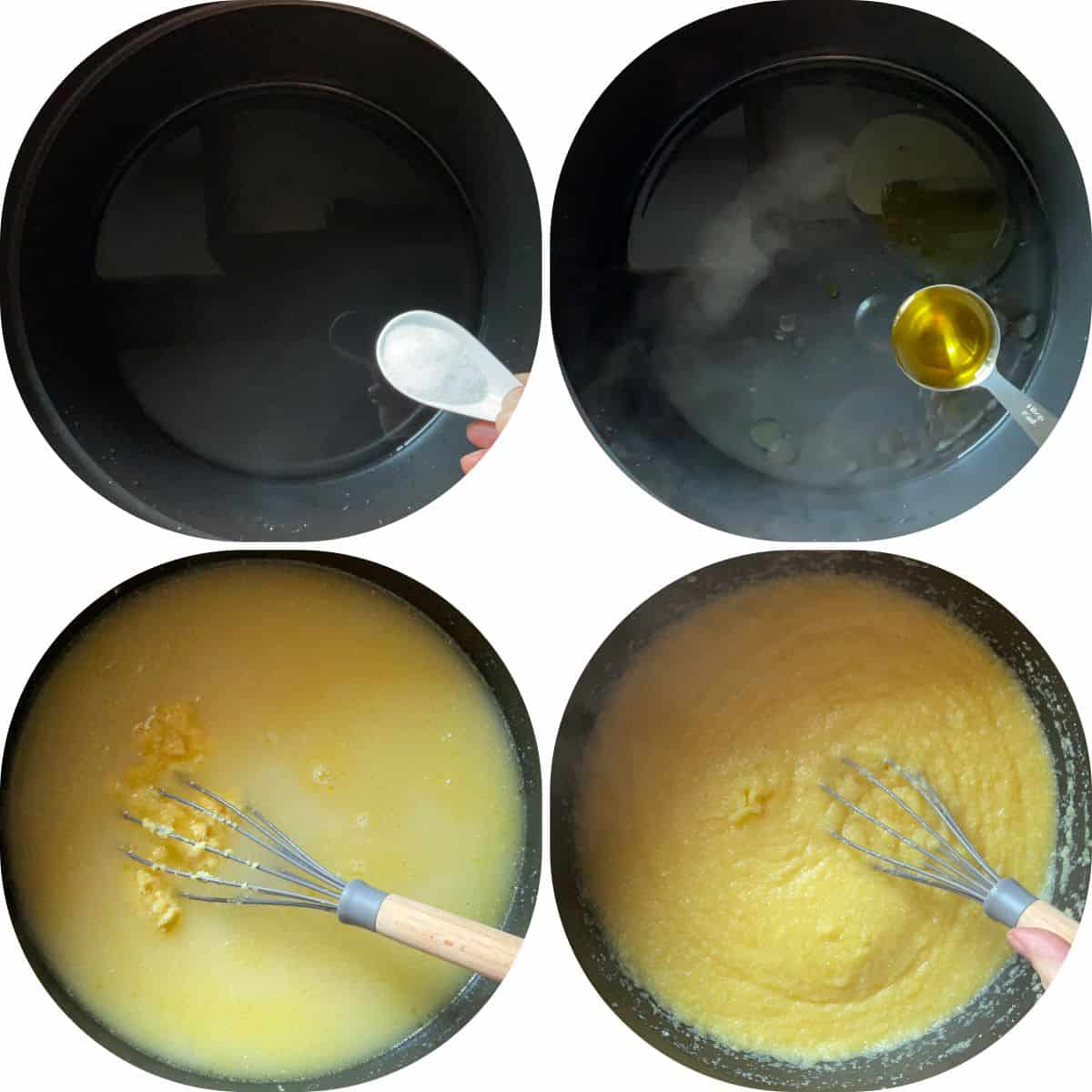 A photo collage of polenta being made in a pot of water.