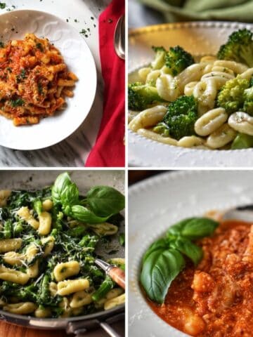 A photo collage of cavatelli pasta recipes.