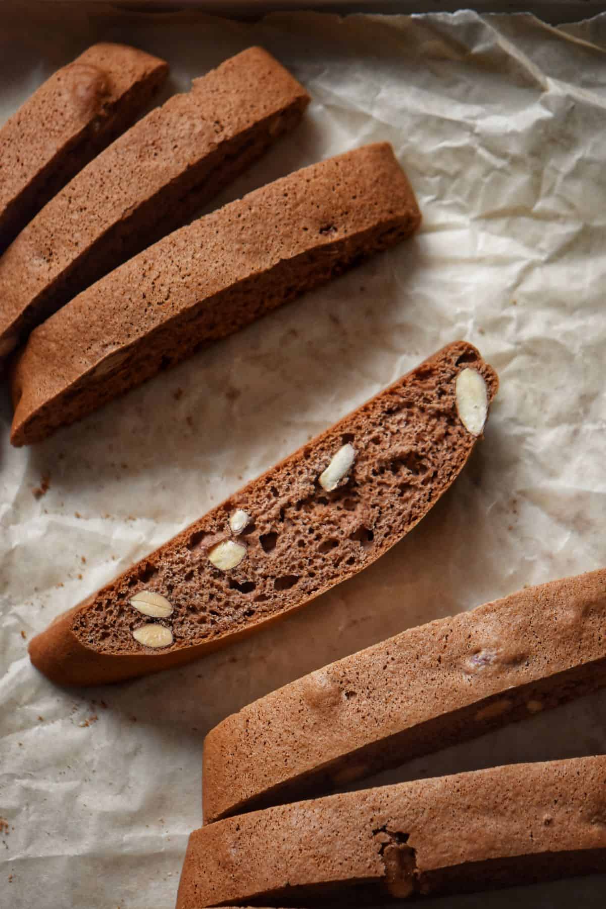 Cocoa biscotti on parchment paper.