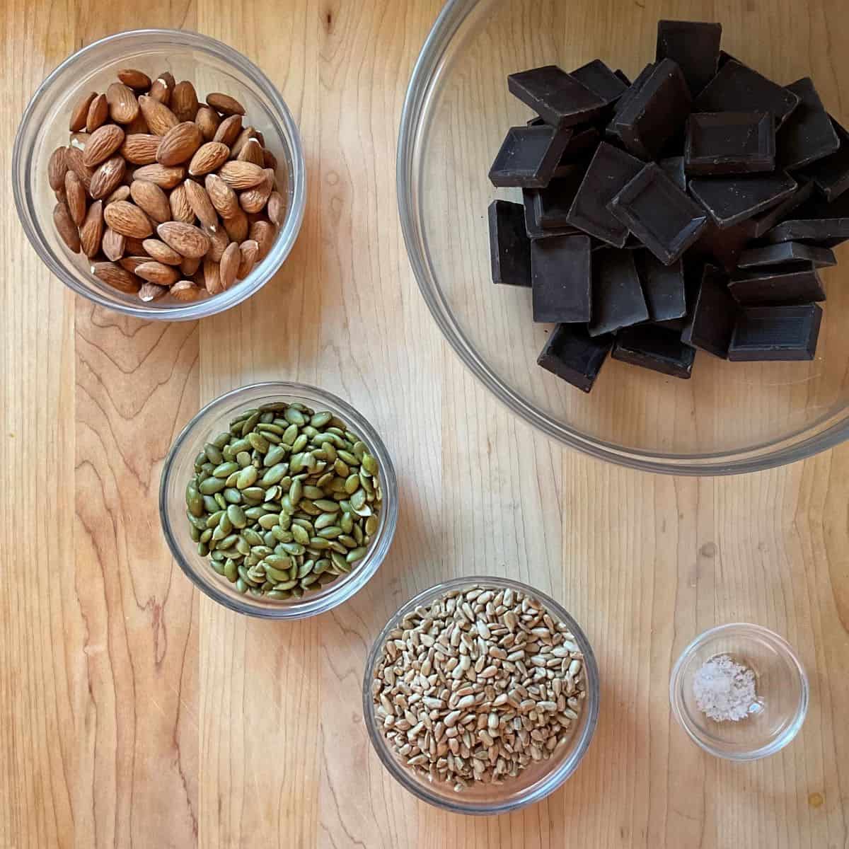 Ingredients to make chocolate bark with almonds.