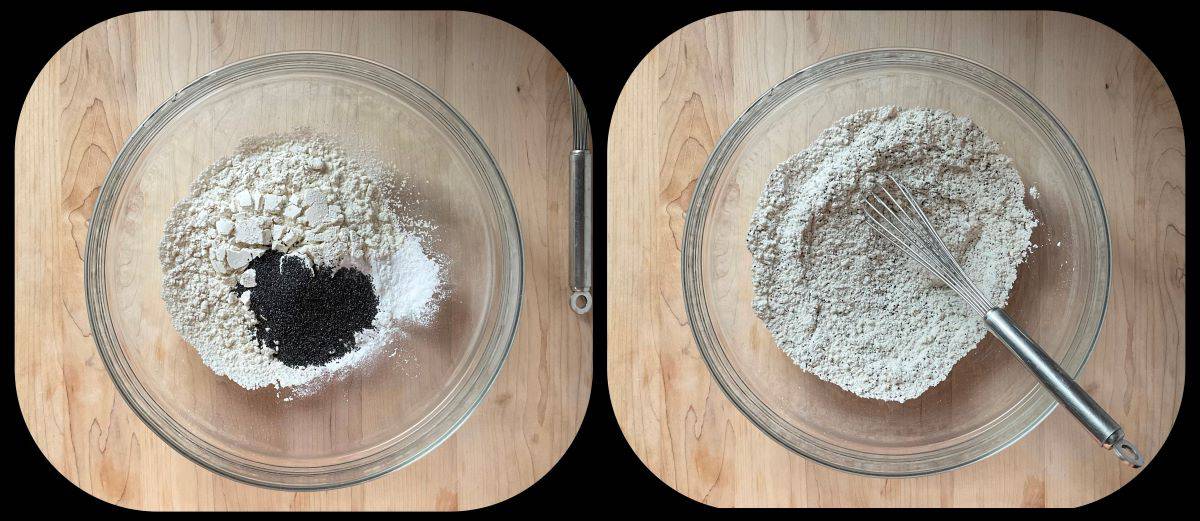 A photo collage of he dry ingredients being combined together.