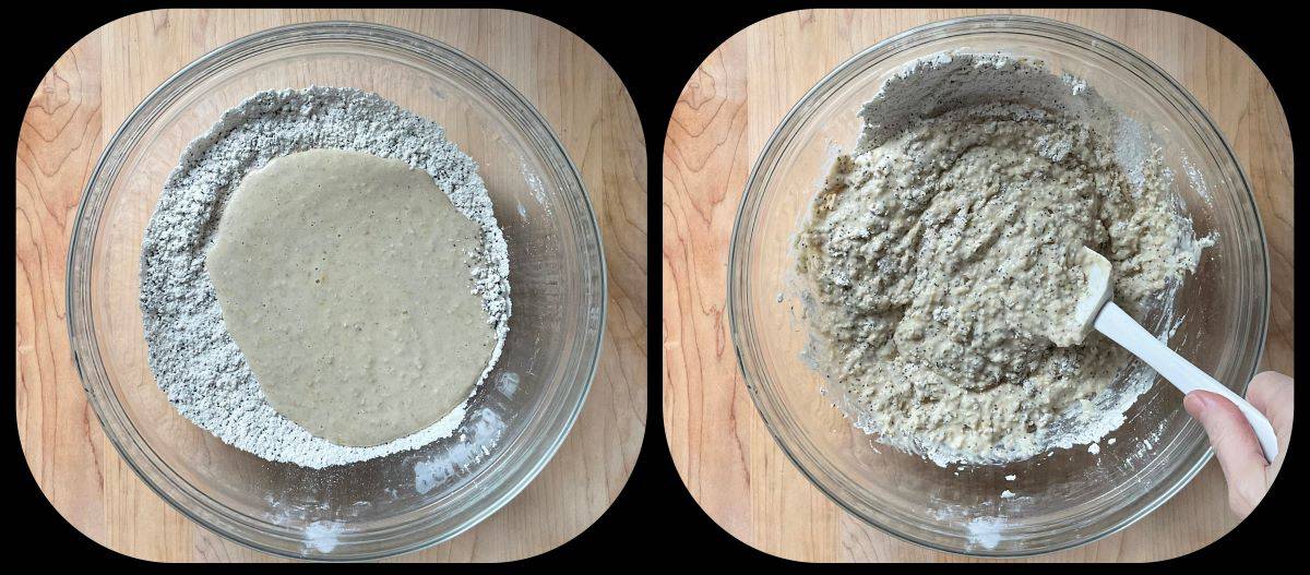 A photo collage of the wet ingredients being combined with the dry ingredients.