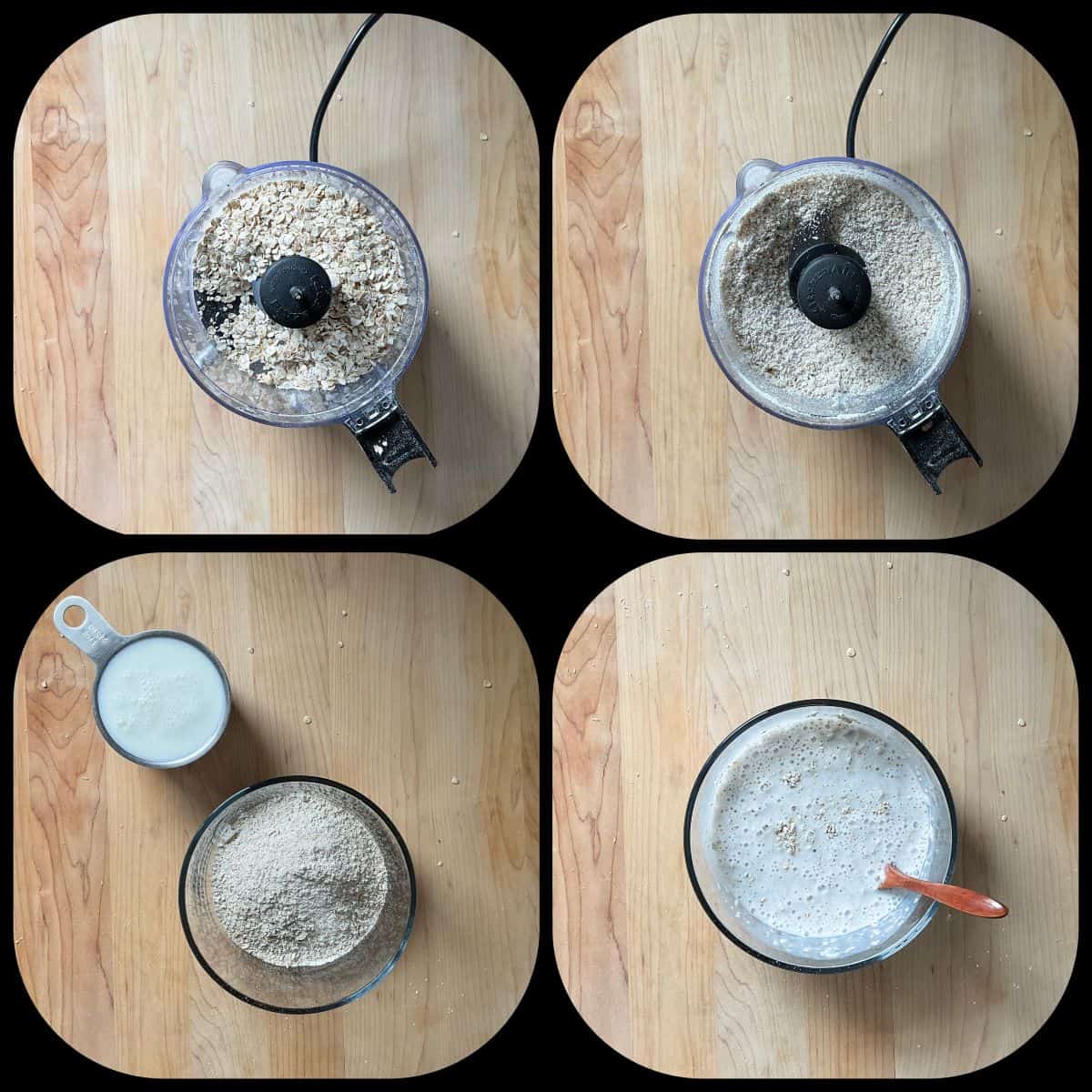 A photo collage of the oatmeal being processed and combined with the buttermilk.