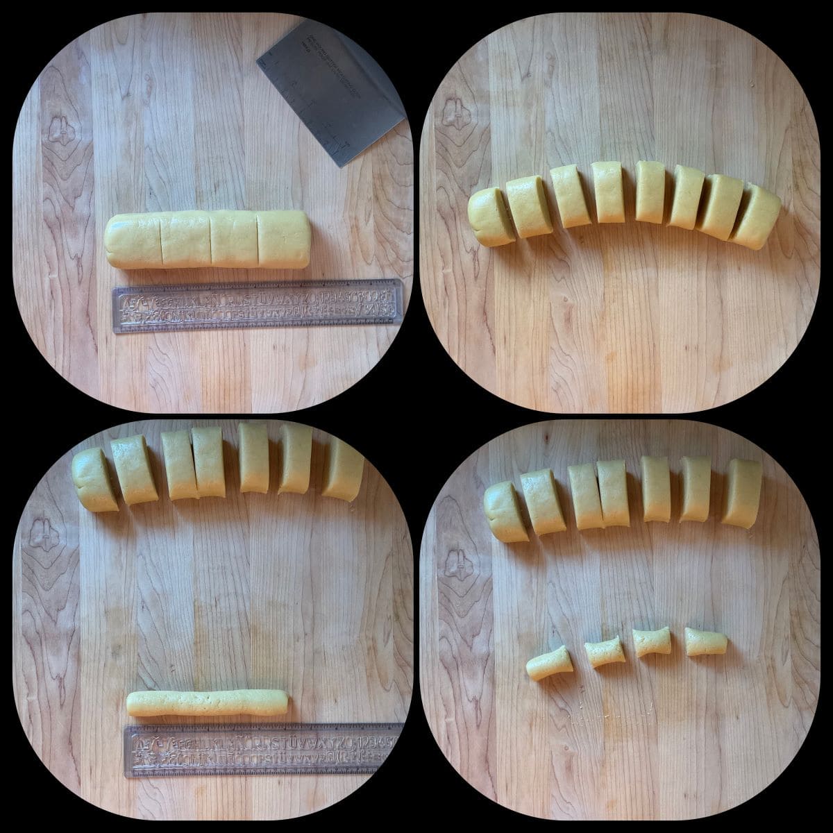 A photo collage of the sesame seed dough being cut.