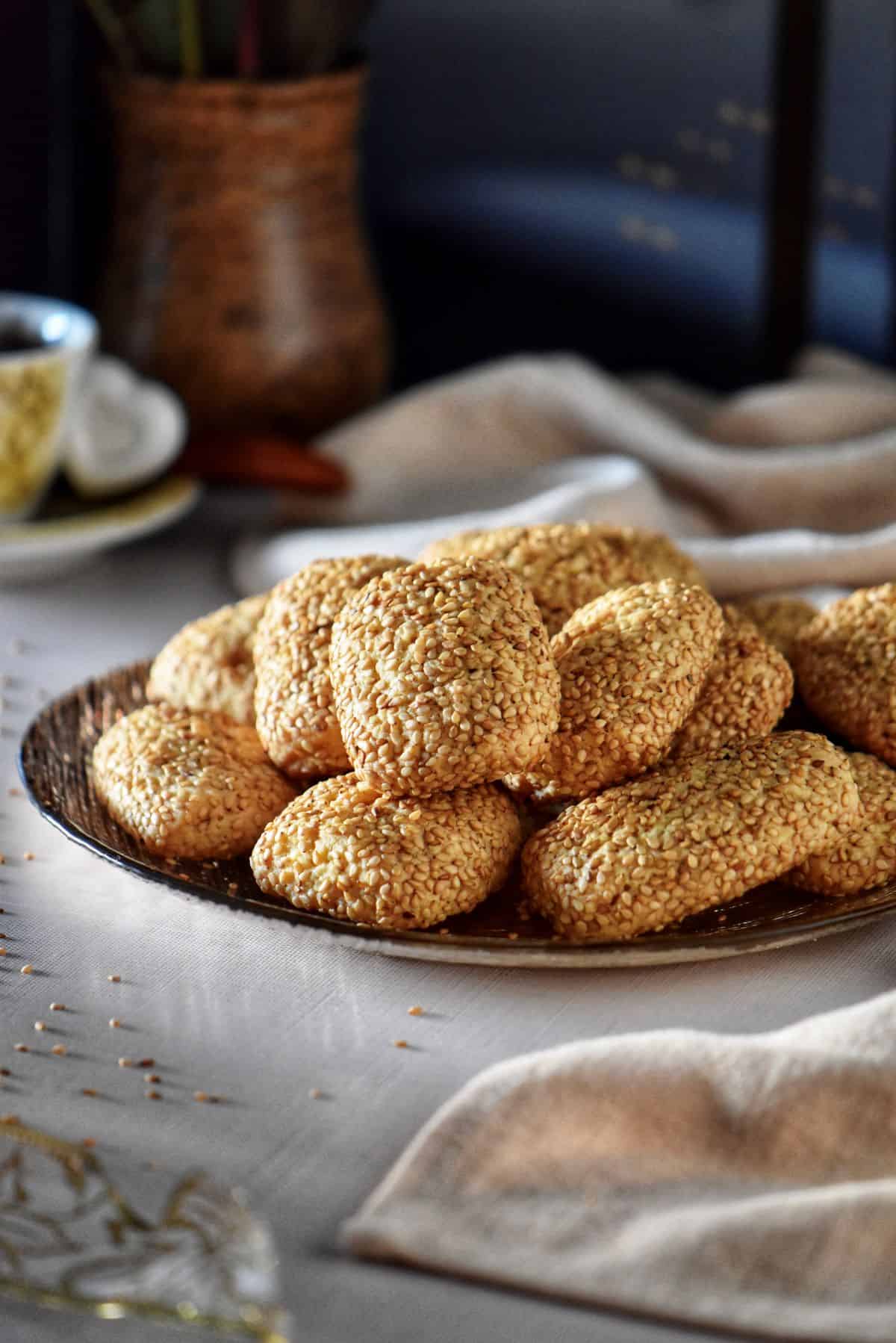 Platter of baked Italian sesame cookies,