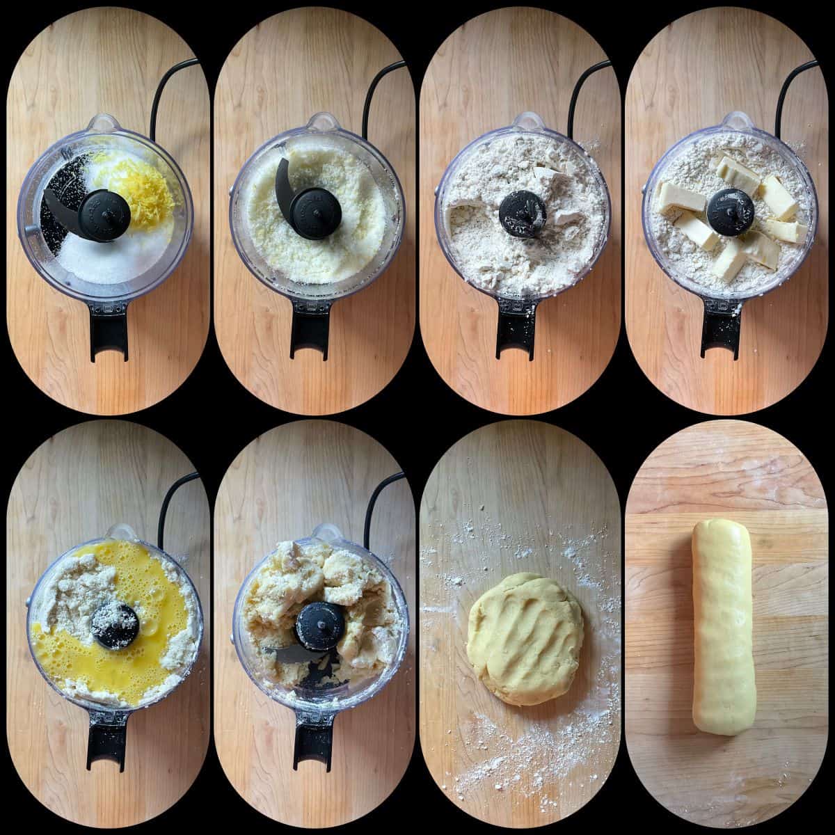 A photo collage of the process shots to make Italian butter cookies in a food processor.
