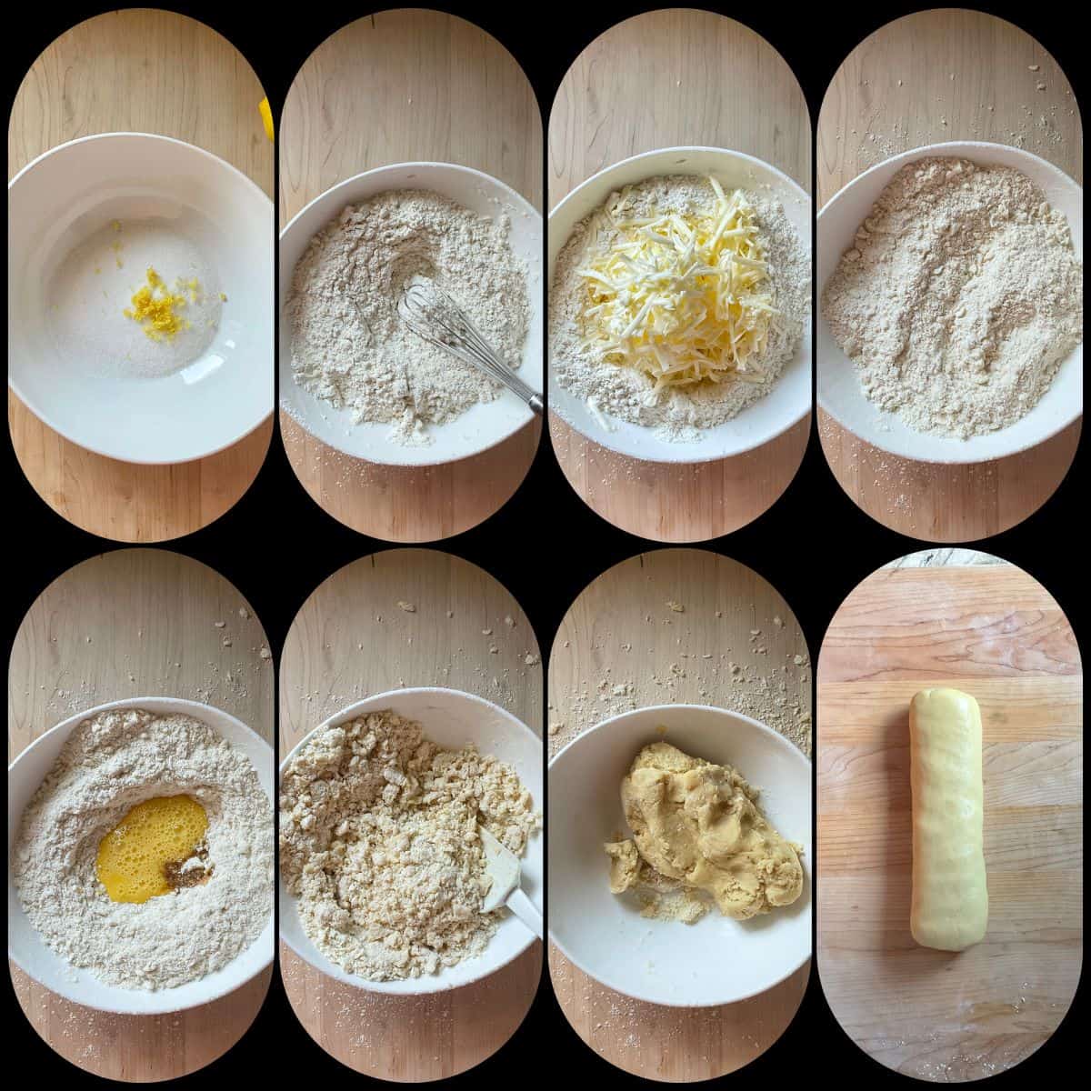 A photo collage of the process shots to make Italian butter cookies manually.