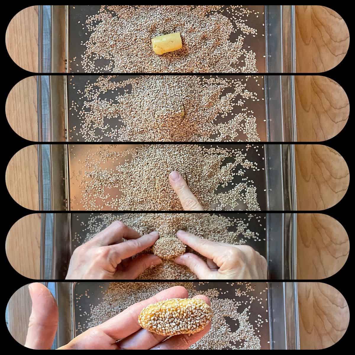 A photo collage of the process shots on how to cover Italian cookies with toasted sesame seeds.