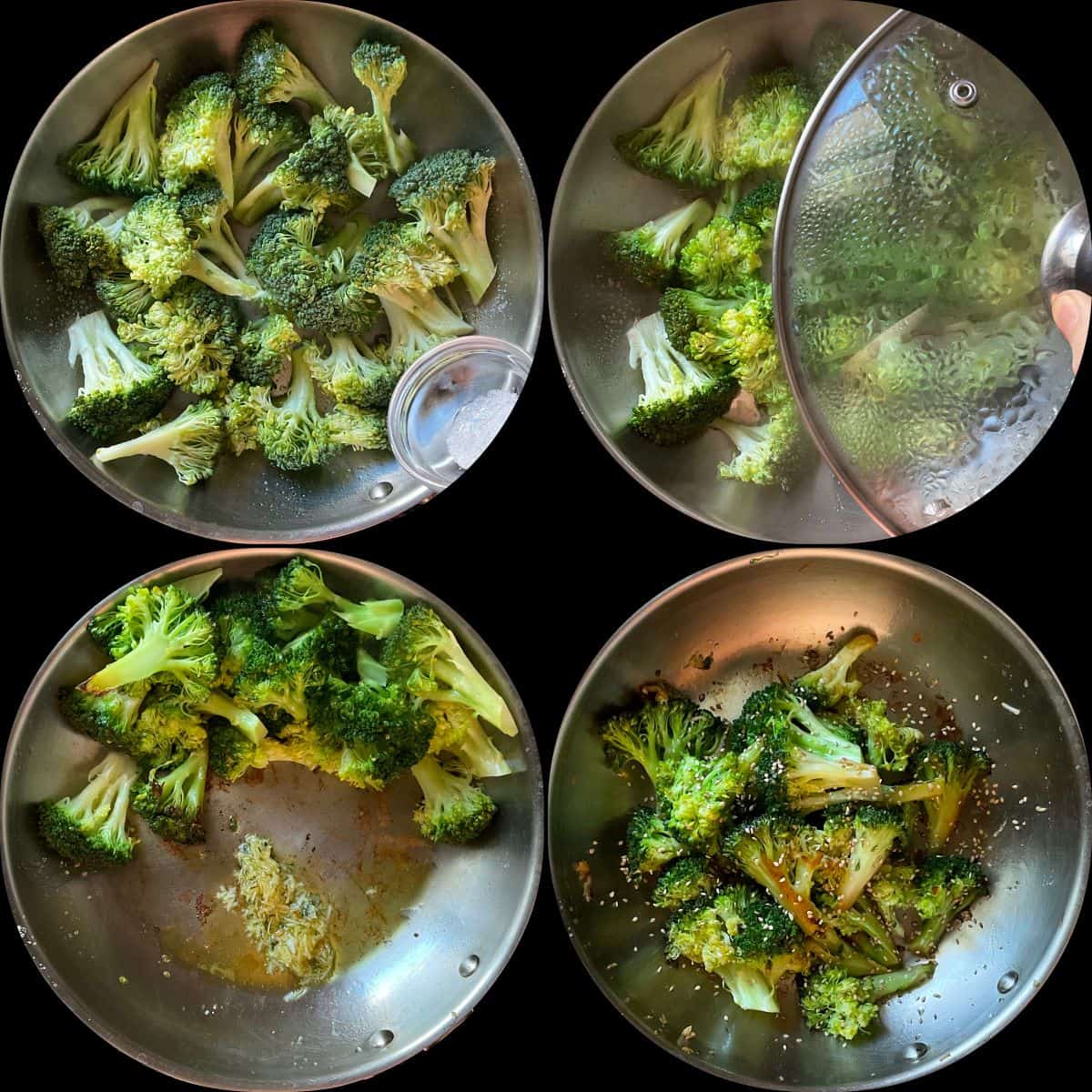 The simple process of making broccoli in a skillet.