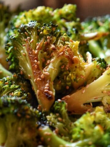 A close up photo of skillet broccoli.