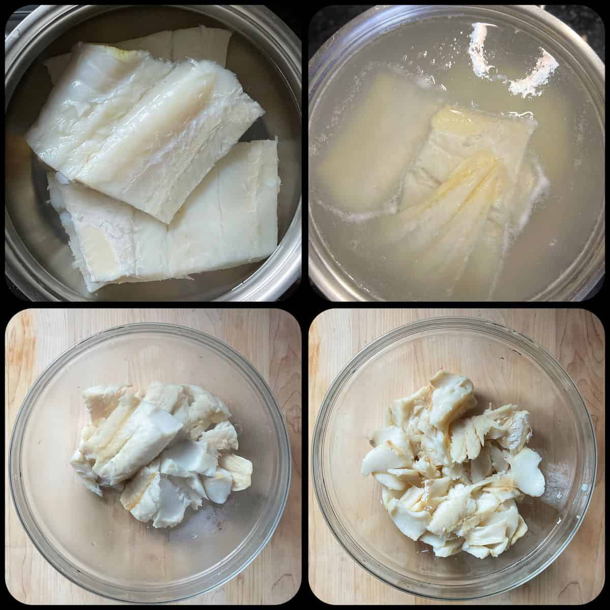 A photo collage of the salt cod being simmered in a pot of water.