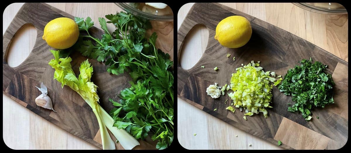 A photo collage of chopped parsley, garlic and celery on a wooden board.
