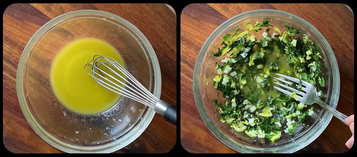 A photo collage of the lemon vinaigrette with parsley, celery, and garlic.