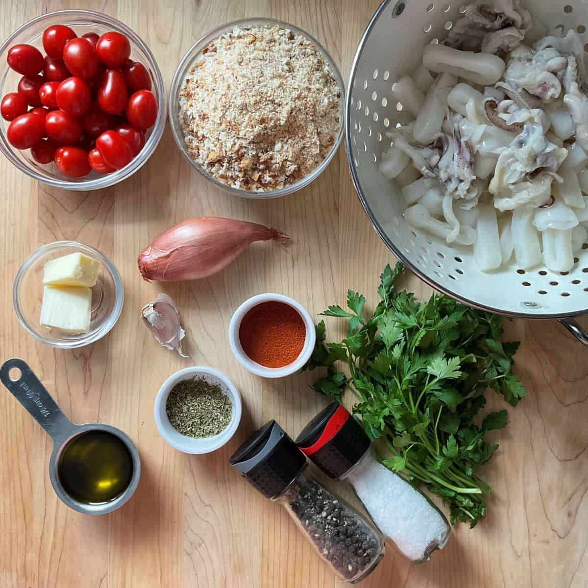 Ingredients to make a calamari recipe.