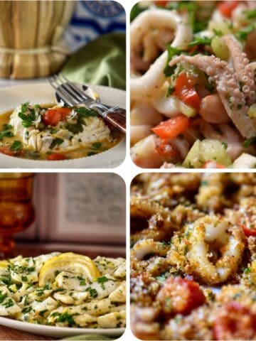 A photo collage of fish recipes for an Italian Christmas Eve.