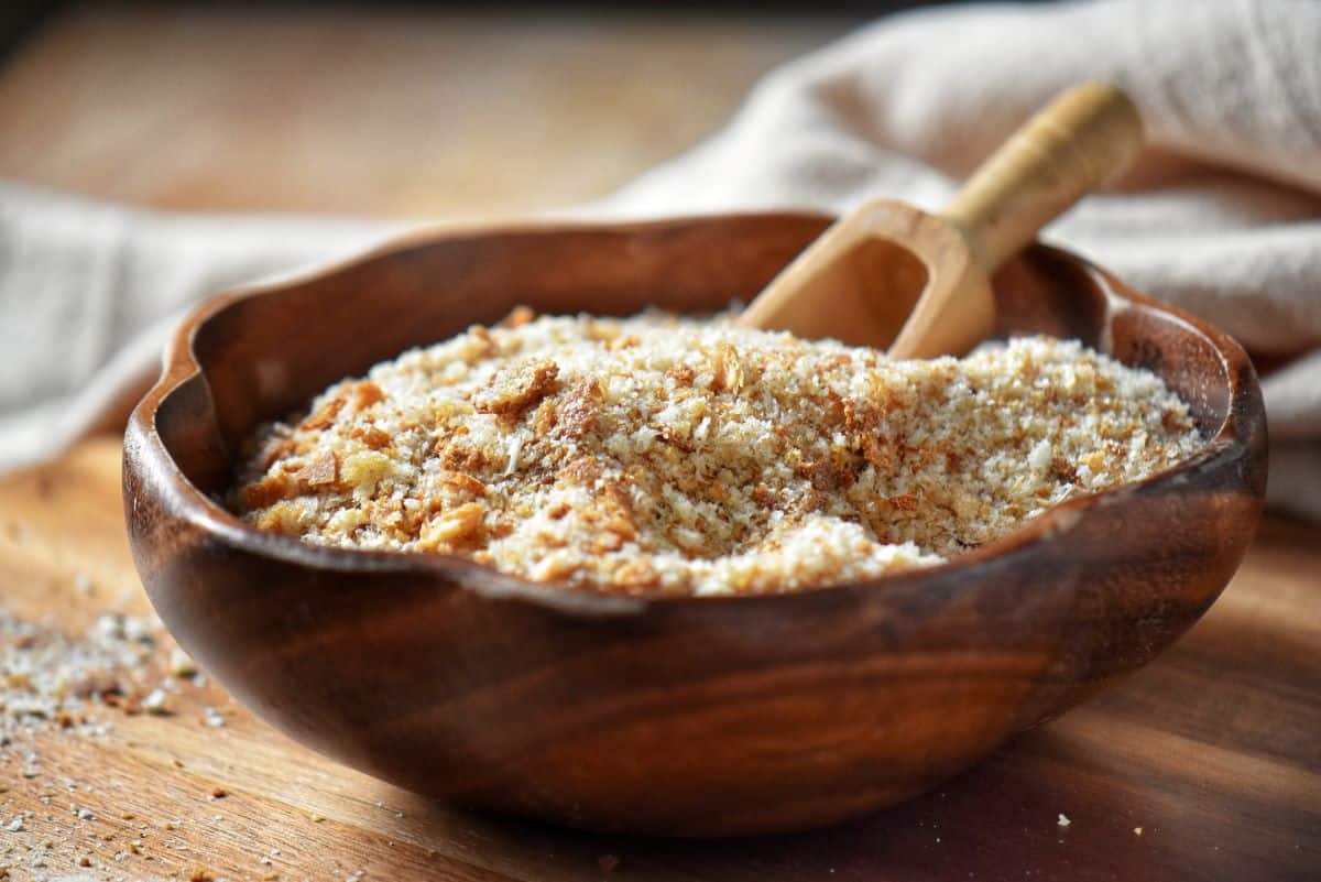 Homemade bread crumbs in a wooden bowl.