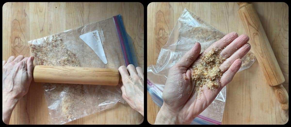 A photo collage of making homemade bread crumbs using a plastic bag and a rolling pin.