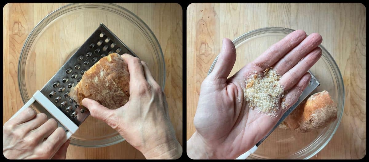A photo collage of making homemade bread crumbs using a box grater.