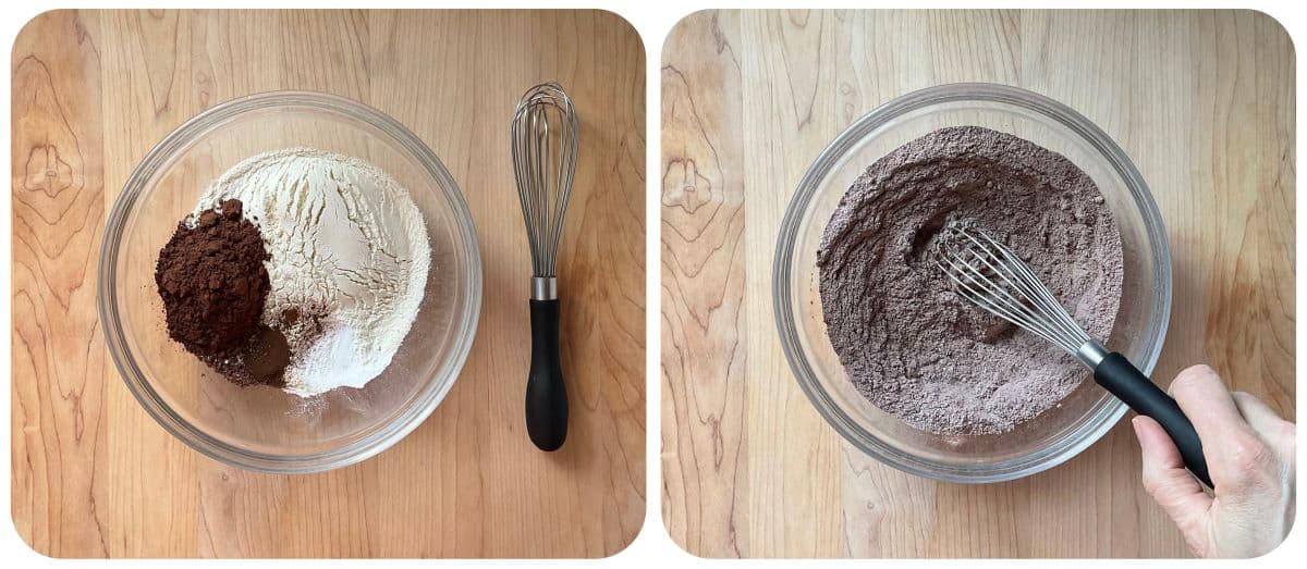 A photo collage of dry ingredients being whisked together.