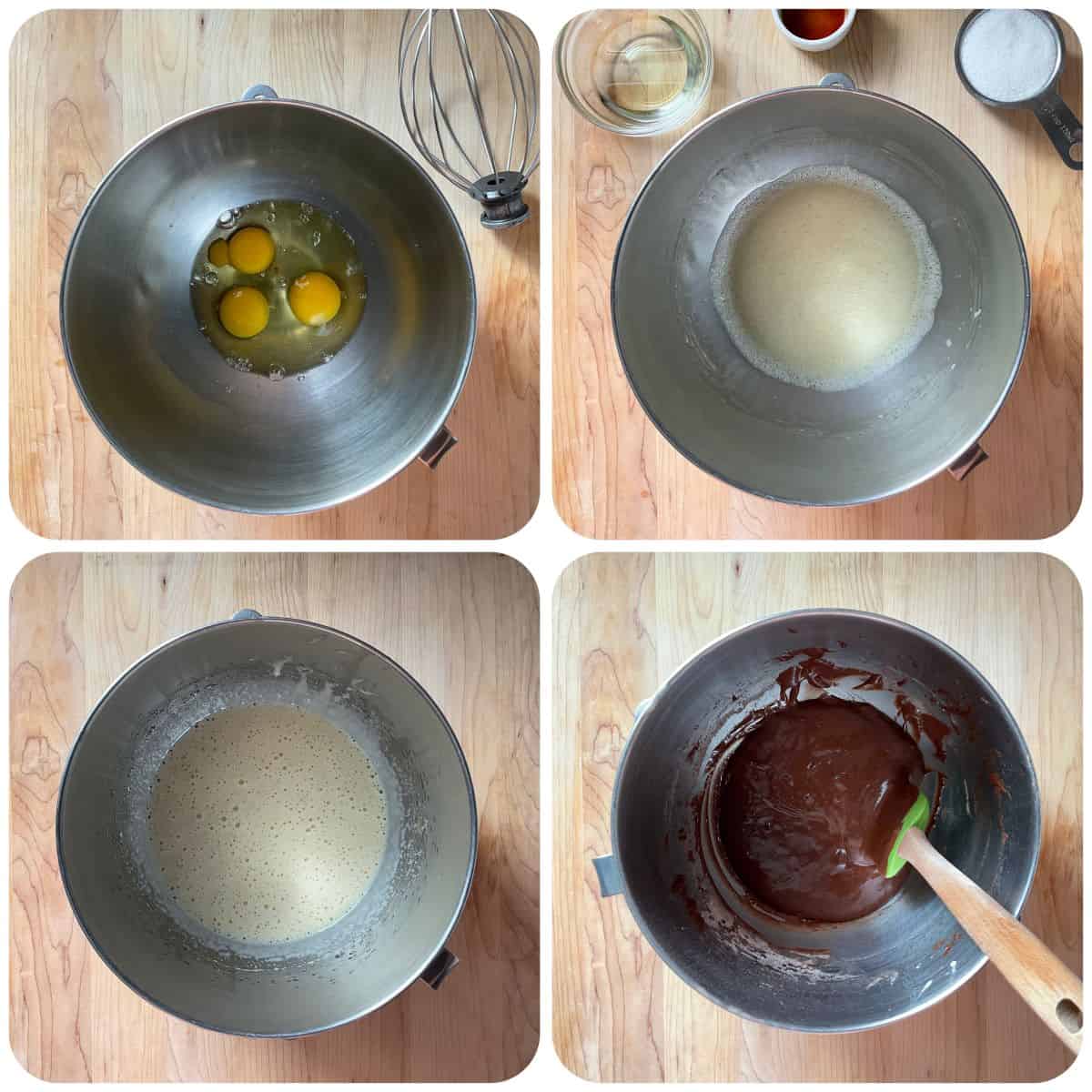 A photo collage of the wet ingredients to make chocolate pizzelle.