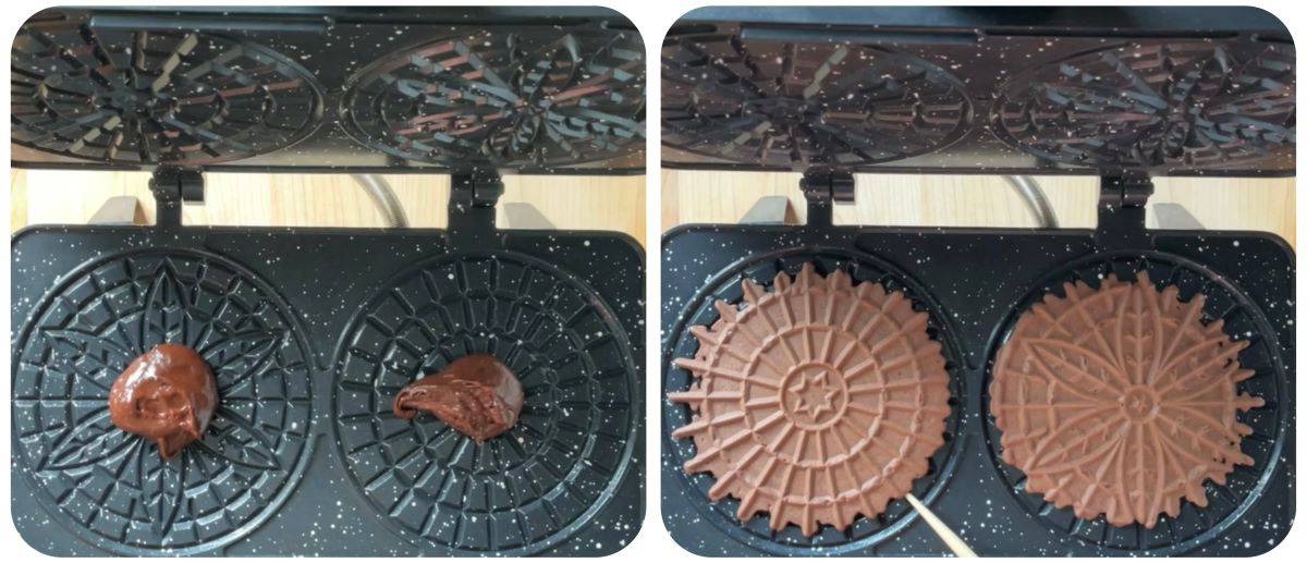 A photo collage of chocolate pizzelle in a pizzelle maker.